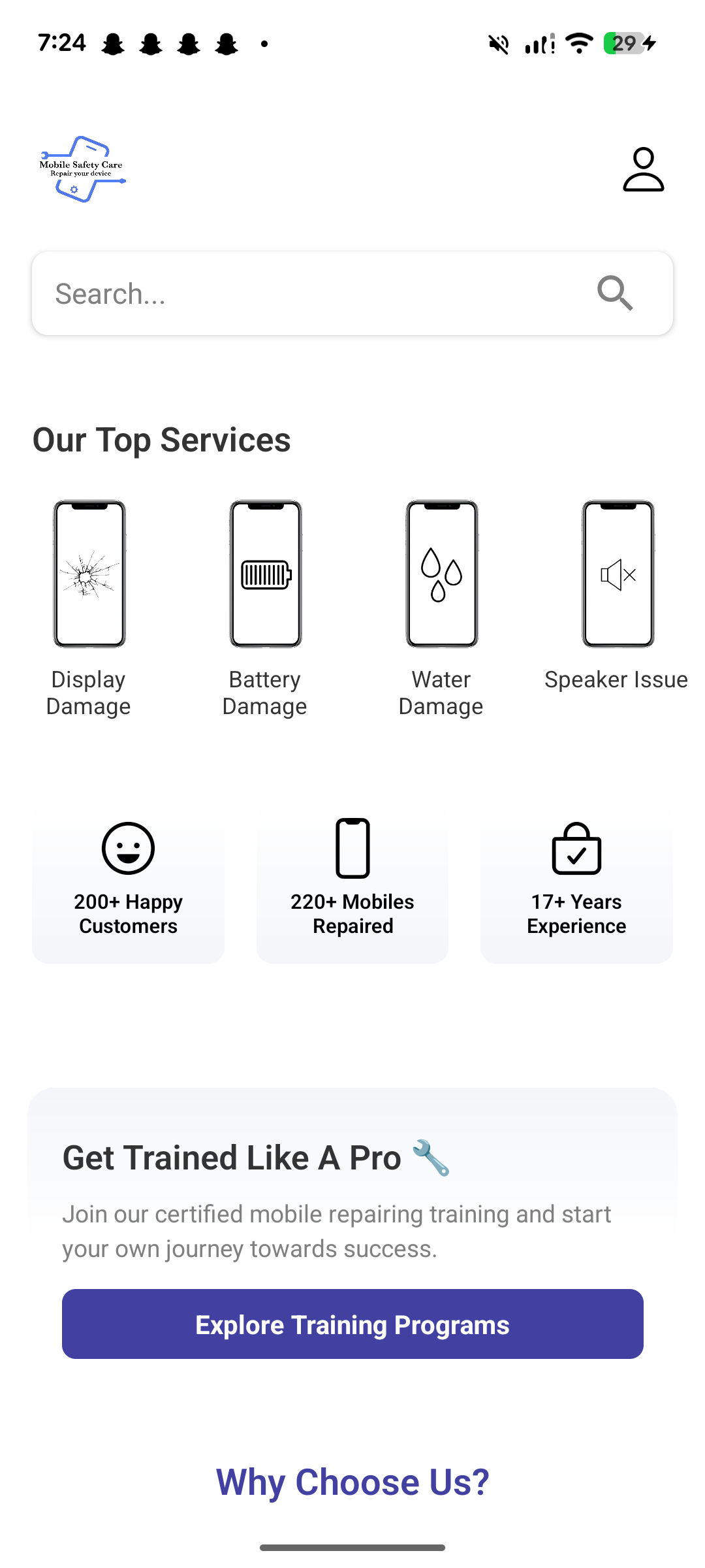 Mobile Safety Care App - Services Screen